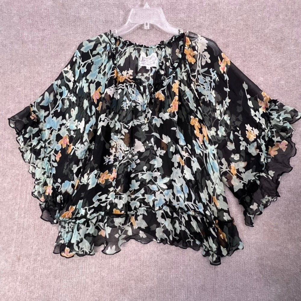 Love by‎ Johnny Was Floral Silk Blouse Top Ruffle Sheer Black Blue Medium
